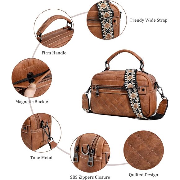 Women Vegan Leather Crossbody Bag Small Shoulder Purse with Wide Strap Two-tone - Picture 5 of 7